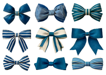 Blue and white Bavarian ribbons and bows in festive shapes isolated on transparent background; Oktoberfest clipart set perfect for celebration design, borders, or decor elements
