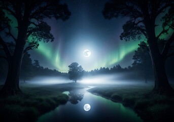 Witness the enchanting beauty of a full moon night with vibrant northern lights over tranquil river
