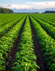 Obraz premium Lush green rows of crops stretch to distant mountains under a partly cloudy sky