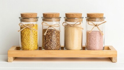 Assortment of colorful sprinkles in glass jars isolated on white background