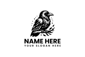 Bold Raven Silhouette Perched on Branch Detailed Design.
