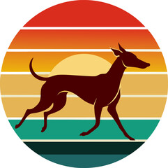 Silhouette of a sleek dog running against a vibrant retro sunset circle design