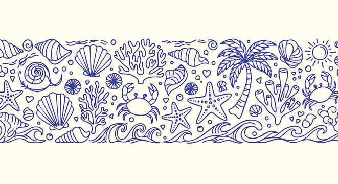 Charming blue line art border showcases playful ocean treasures like starfish, shells, crabs, coral, and a palm tree for a delightful summer beach vibe.