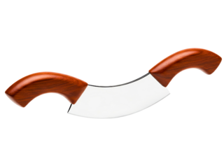 Mezzaluna rocking knife with two wood handles for food preparation on a transparent background