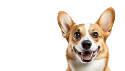 A cheerful corgi dog with a bright smile. its playful personality against a clean white background. perfect for pet-themed marketing or social media content