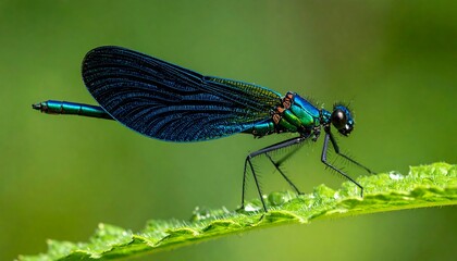 Iridescent damselfly perched on a leaf, showcasing vibrant blue-green hues