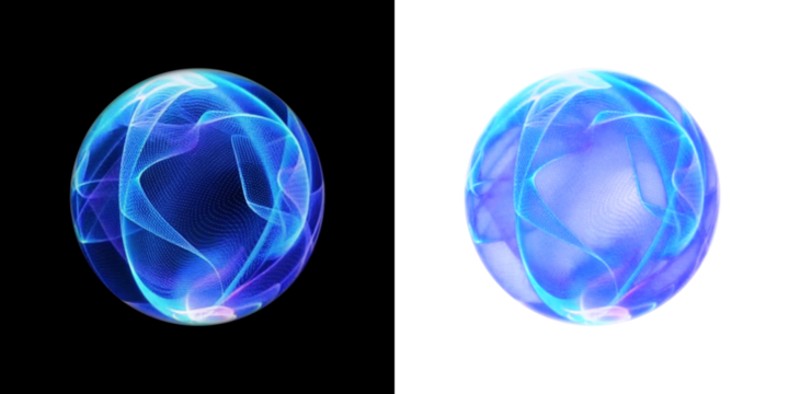 Vibrant electric blue spheres featuring abstract light trails that resemble plasma energy waves PNG overlay