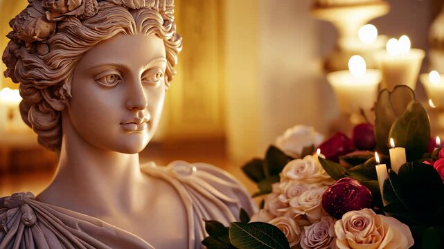 A beautifully crafted roman statue surrounded by fresh flowers and glowing candles creates an elegant atmosphere