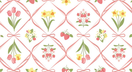 Charming pink ribbon lattice frames delightful strawberries tulips and daffodils in a sweet seamless pattern design perfect for spring textiles