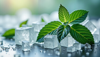Fresh menthol mint leaves and ice cubes on a reflective surface