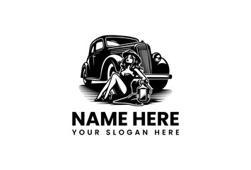 Classic Car with PinUp Girl Holding Lantern in Black and White Illustration.