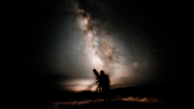 Astronomer observing the Milky Way through a telescope under the night sky filled with stars and cosmic light.
