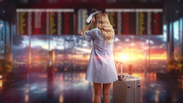 Shocked woman holding head, sad with flight delay, standing near departure board