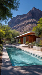 Modern desert house featuring a tranquil pool with majestic mountains in the background on a sunny day