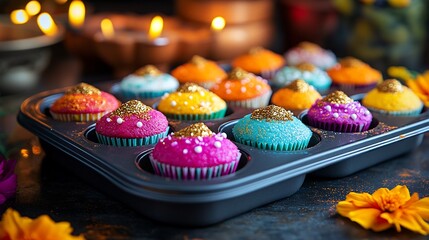 Muffin tin filled with colorful and bright cupcakes for a Diwali celebration decorated with edible gold dust and vibrant sugar crystals with diyas and marigold flowers in the background