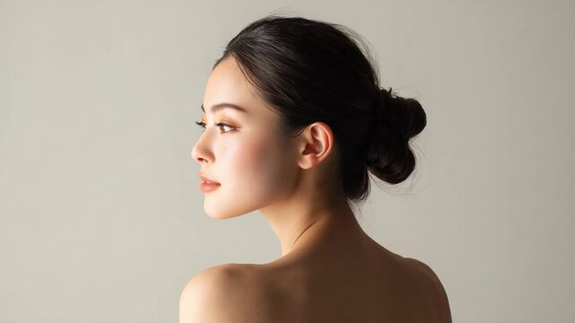Ethereal Beauty: A captivating portrait showcasing a woman's elegant features in a serene and luminous ambiance. The focus remains on the delicate skin and the graceful curve of the neck and shoulder.
