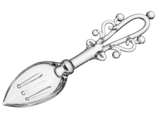 Ornate slotted glass spoon for preparing absinthe cocktails on a transparent background