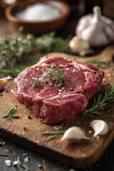Freshly cut ribeye steak with herbs and garlic on a wooden cutting board in a rustic kitchen setting