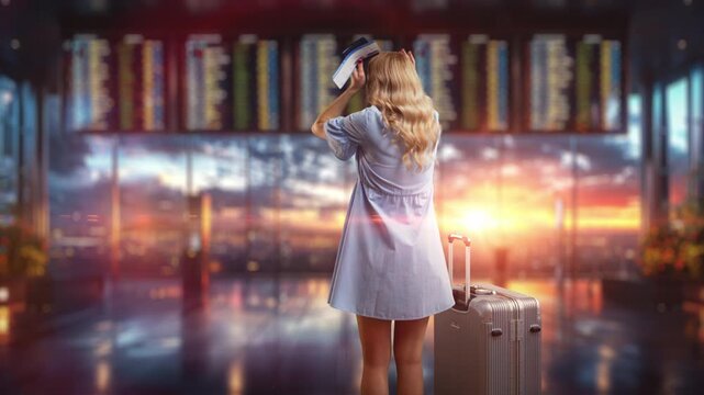 Overwhelmed female traveler holding head, stressed with flight delay in airport