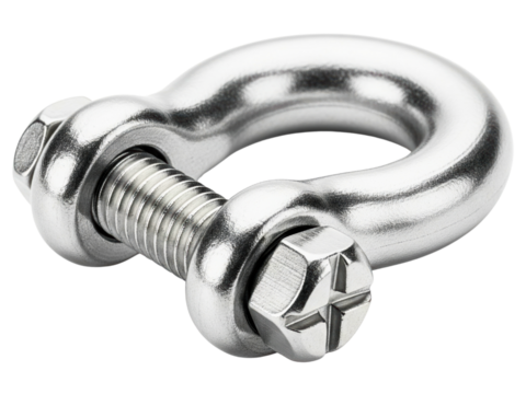 Heavy-duty stainless steel bow shackle with a screw pin on a transparent background
