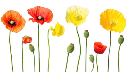 Obraz premium A arrangement of red. yellow. and orange poppy flowers displaying their delicate petals and green stems against a clean white background. perfect for nature-themed projects and designs