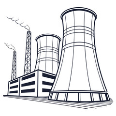 Industrial power plant with cooling towers and smokestacks emitting steam against a white background clean line art illustration
