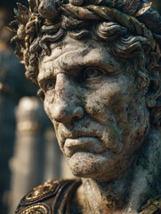 Obraz premium Ancient Roman statue capturing the intense gaze and intricate details of a historical figure in a classical setting during daylight
