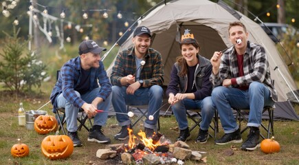 Friends Roasting Marshmallows by Fire on Halloween