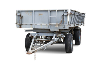 This gray cargo trailer, designed for transporting cargo, is shown against an isolated background. It features a sturdy frame and wheels and is ready for rental in a variety of conditions.
