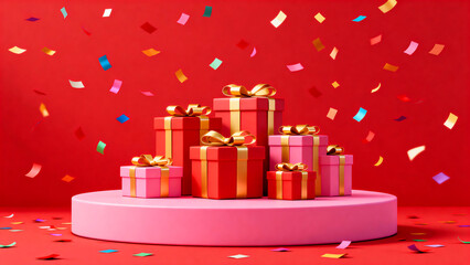 Colorful Gift Boxes on Pink Podium with Confetti Falling