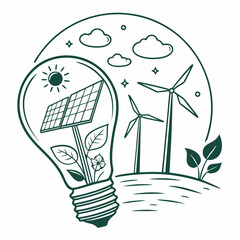 Concept of renewable energy and sustainability represented by a lightbulb containing solar panels and plants with wind turbines in the background