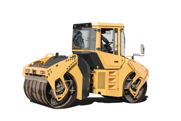 A heavy yellow roller stands alone against an isolated background, ready to perform construction work or compact earth and soil at a site.
