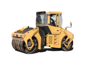 A heavy yellow roller stands alone against an isolated background, ready to perform construction work or compact earth and soil at a site.