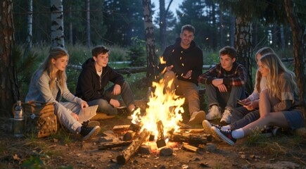 Teenagers Telling Horror Stories by Campfire on Halloween