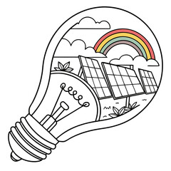 Conceptual illustration of a light bulb containing solar panels plants clouds and a rainbow symbolizing renewable energy and a bright future