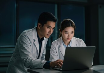 Two focused scientists in white lab coats collaborate intently over a laptop screen in a dimly lit laboratory setting