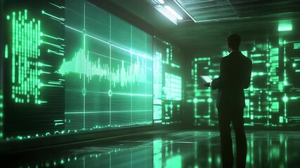 Businessman Analyzing Financial Data on a Futuristic Holographic Screen. - Powered by Adobe