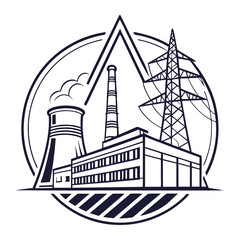 Industrial power plant with cooling tower and transmission tower emitting steam and electricity in a circular emblem