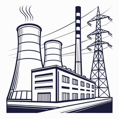 Industrial power plant with cooling towers smokestack and electricity transmission tower against a white background
