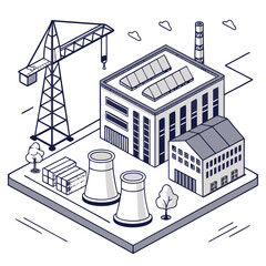 Fototapeta premium Isometric illustration of a factory complex with a crane cooling towers and industrial buildings under a cloudy sky