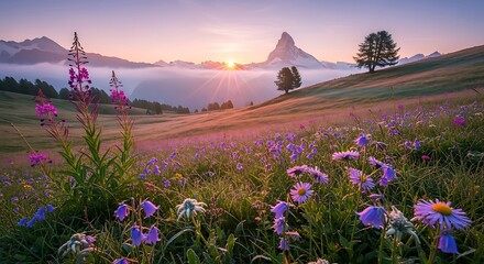 Obraz premium Stunning sunrise over Matterhorn mountain peak with vibrant wildflowers in alpine meadow landscape