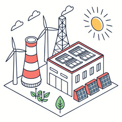 Fototapeta premium Isometric illustration of a sustainable energy factory with wind turbines solar panels and a cooling tower under a sunny sky