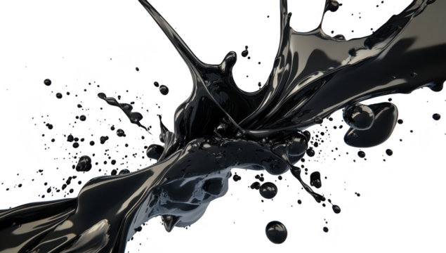 A dynamic splash of black liquid paint bursting in mid-air against a clean white background. creating a visually striking contrast. ideal for artistic and creative projects