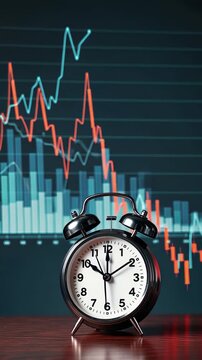 Time progression amidst dynamic financial chart in office setting