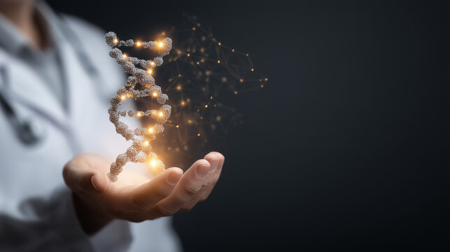 A doctor holds a glowing DNA strand projection in their hand, symbolizing innovation, genetics and advanced medical technology.