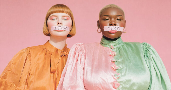 Fashion models with stop signs on their mouths in bold colorful outfits showcase powerful messages of silence and protest at an art-inspired photoshoot