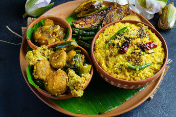 Bhoger Khichuri and Labra Served in Traditional Clay Thali | Bengali Niramish Puja Bhog | Authentic Durga Puja Special Vegetarian Feast
