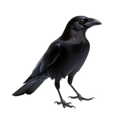 Fototapeta premium A striking black raven stands majestically against a plain white background. its glossy feathers and keen eyes. symbolizing mystery and intelligence in nature