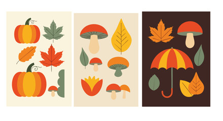 Vibrant autumn collection featuring pumpkins, colorful leaves, mushrooms, and an umbrella, perfect for seasonal designs and festive decorations.