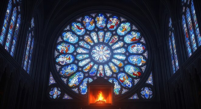 Majestic Stained Glass Rose Window and Fireplace Interior